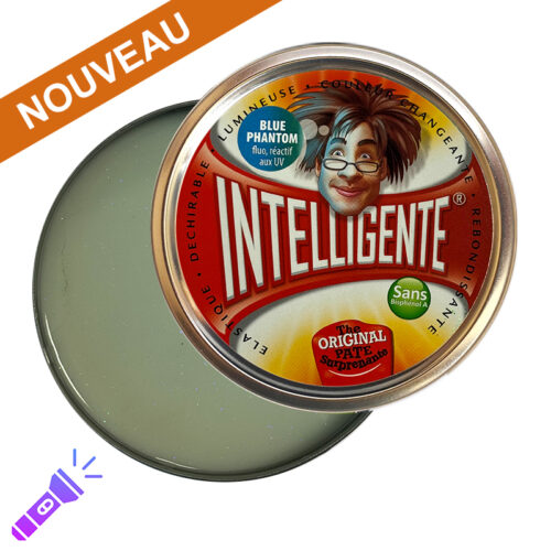 photo boite en aluminium ronde contenant de la pate intelligenteFantôme bleu qui est réactive aux UV, à la lumière du soleil et brille dans le noir