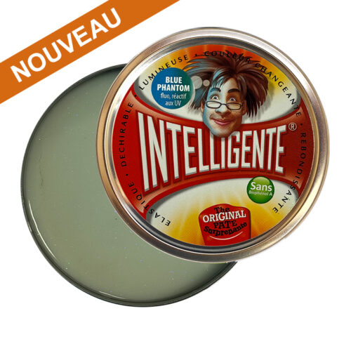 photo boite en aluminium ronde contenant de la pate intelligenteFantôme bleu qui est réactive aux UV, à la lumière du soleil et brille dans le noir