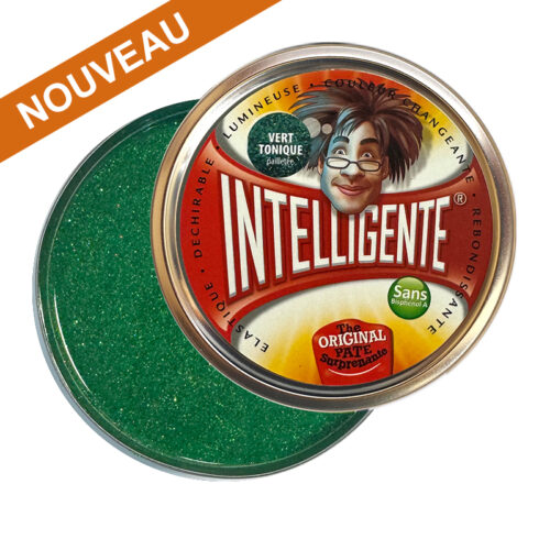 photo boite en aluminium ronde contenant de l pate intelligente vert tonique pailletee.
